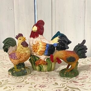Rooster Lot of 3 Alco Ceramic Small Utensil Holder 2 Resin Rooster Figurines VTG